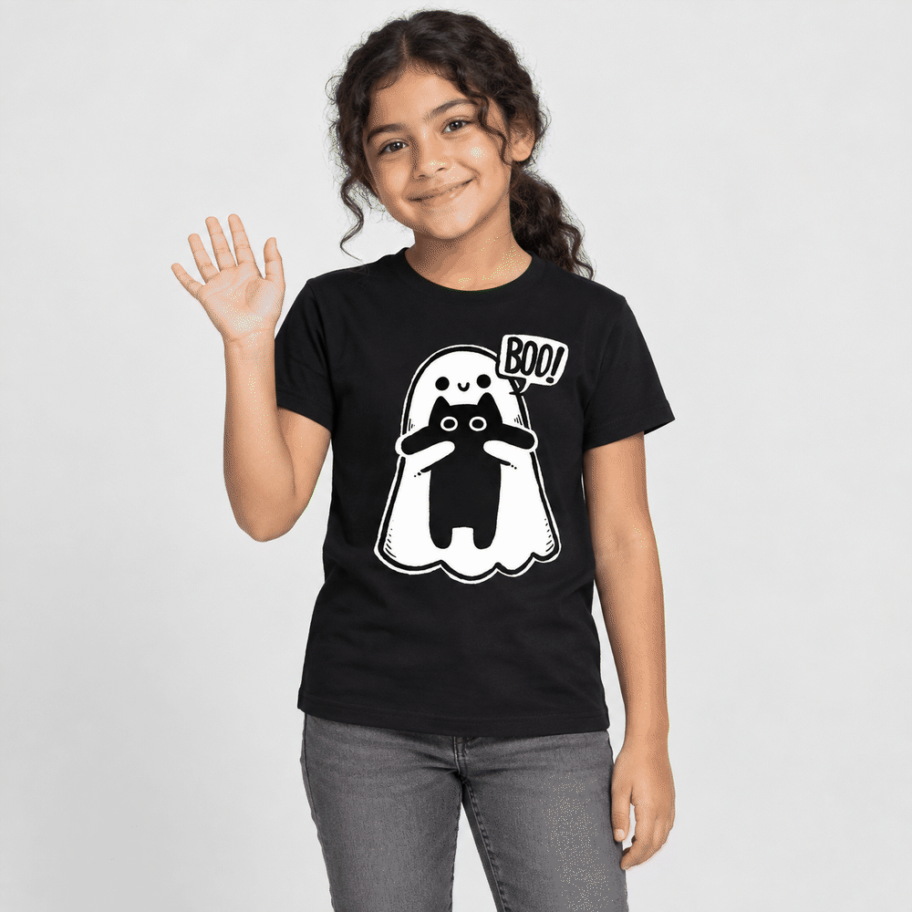 Boo 2.0 *Brilla en la oscuridad* - Playera NIÑO, vista frontal con modelo 2, transición de luz a brillo en la oscuridad