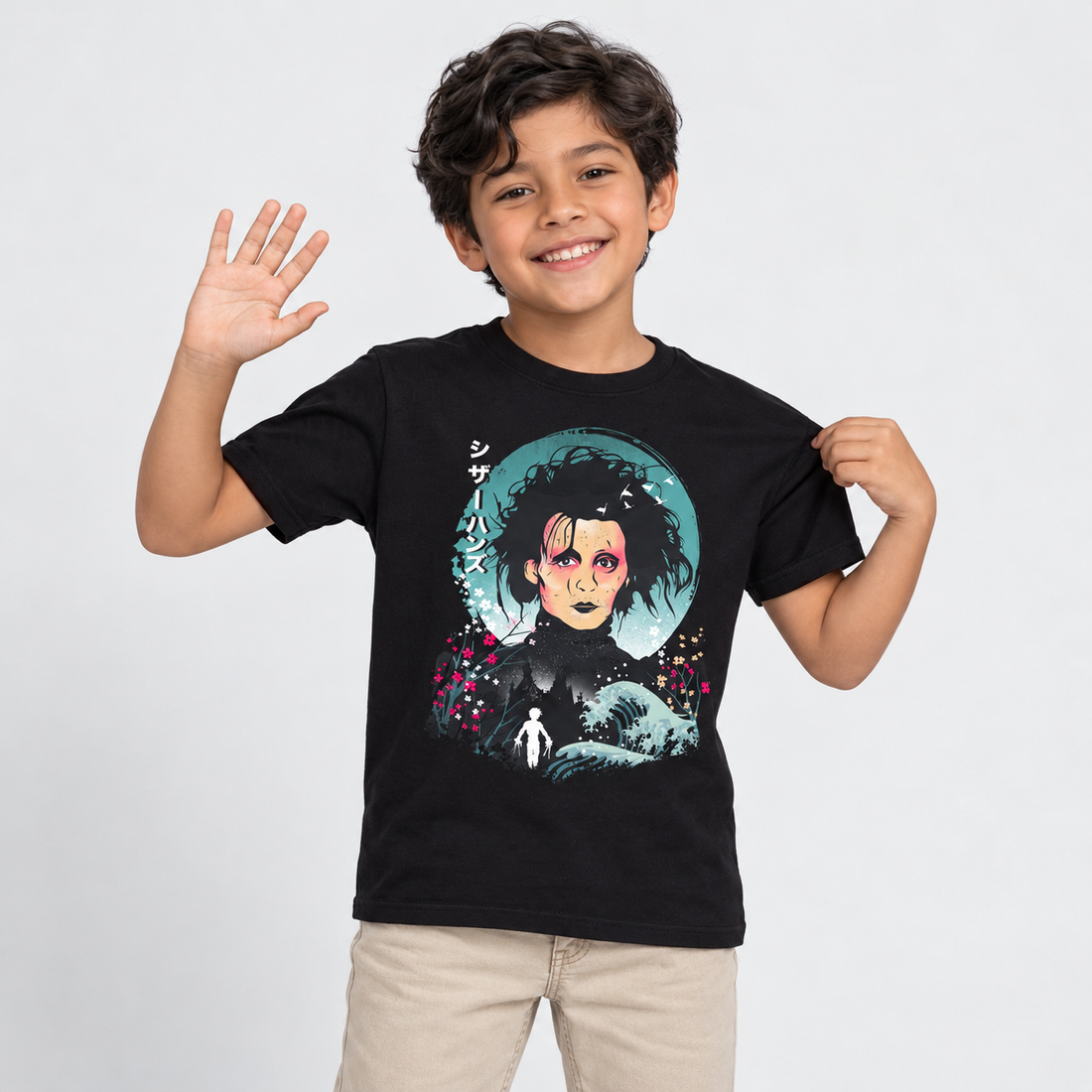 Edward Scissorhands Ukiyo - Playera NIÑO Halloween, vista frontal con modelo 1