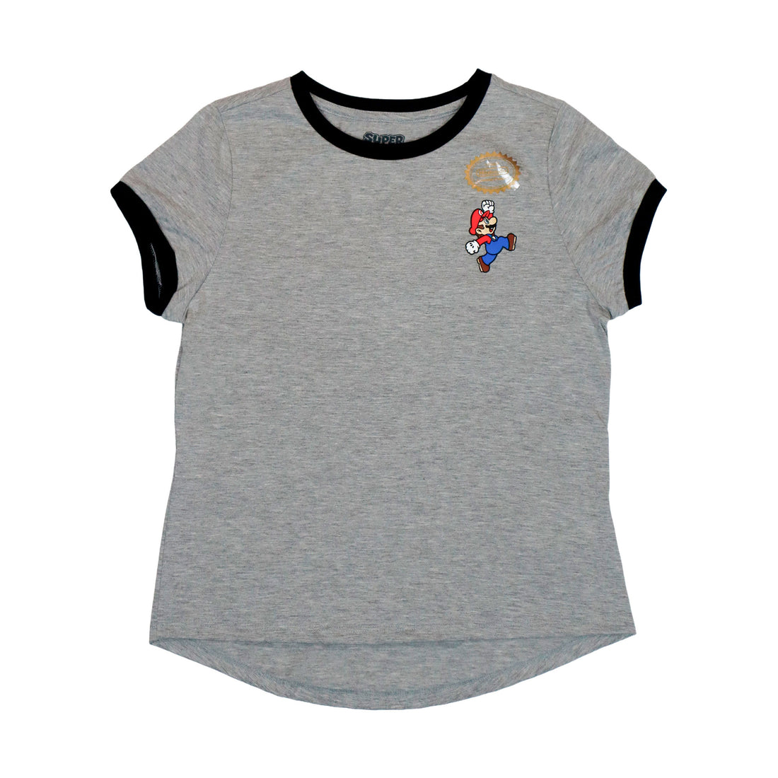 Mario Bros Pecho Gris Jaspe - Playera Cuello Negro DAMA Licencia NINTENDO™