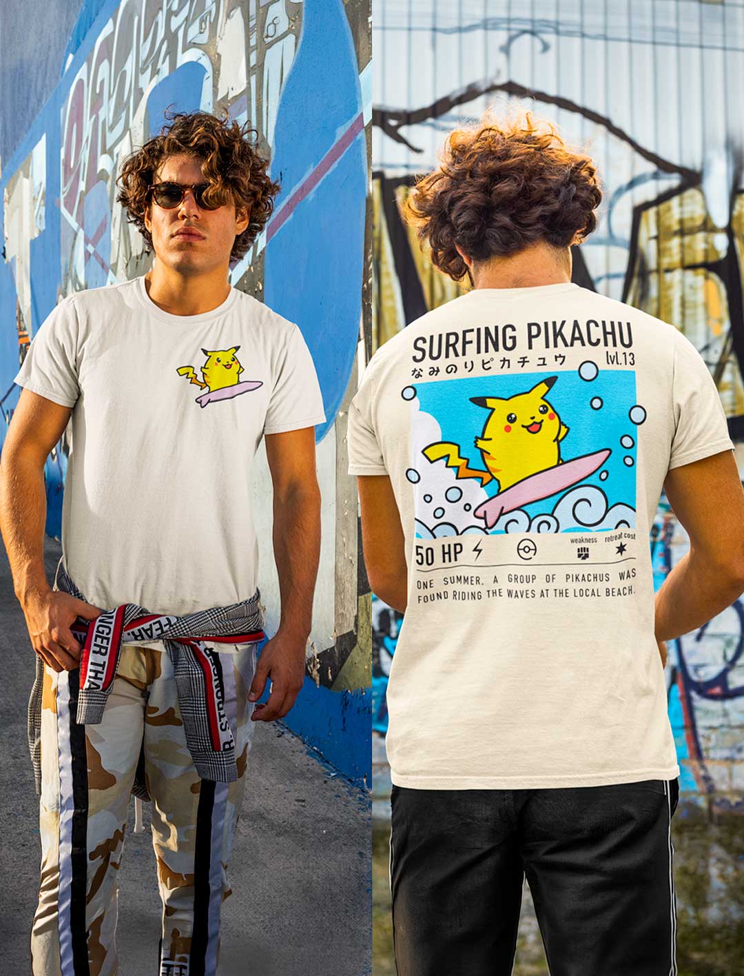 Surfing Pikachu - Playera CABALLERO FRENTE/ESPALDA