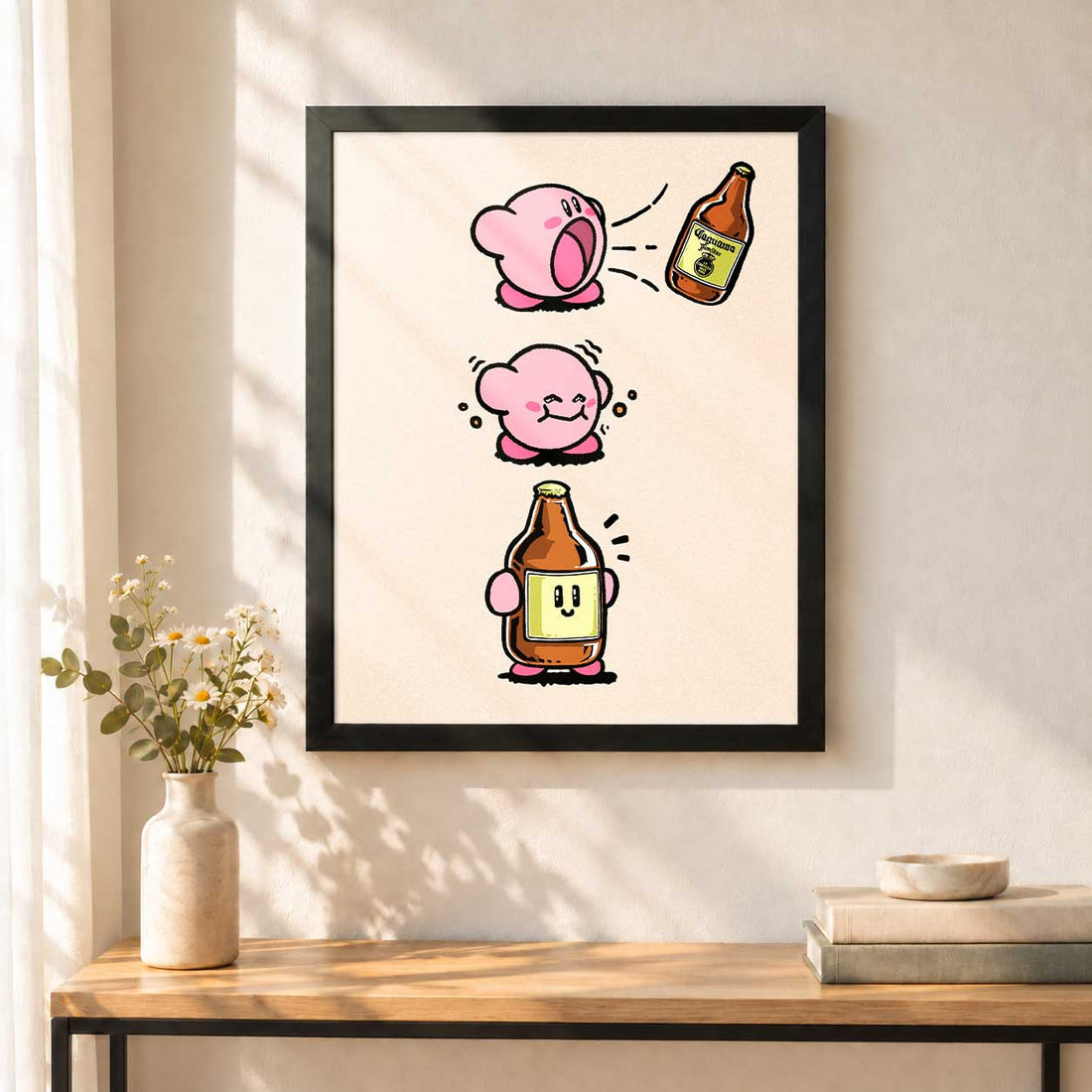 Caguama Kirby sin paspartú, colgado en una pared.