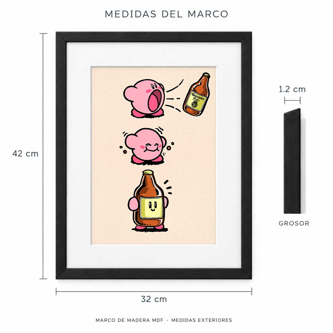 Medidas exteriores del marco MDF: 42 cm de alto, 32 cm de ancho y 1.2 cm de grosor.