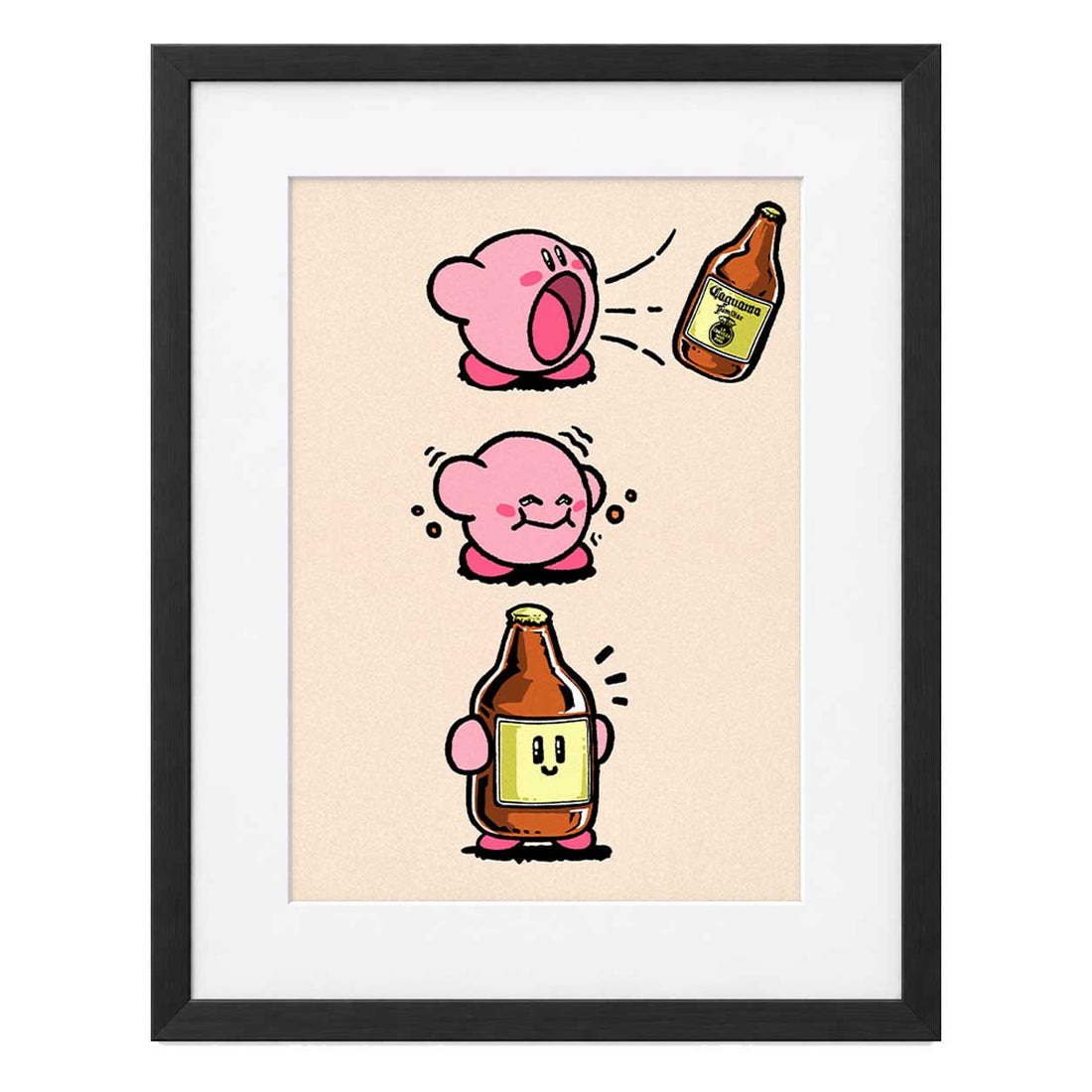 Caguama Kirby, póster con marco negro MDF y paspartú blanco, impresión de 20 × 29 cm.