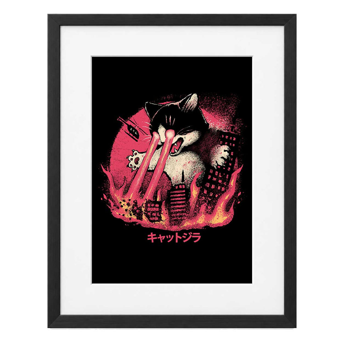 Catzilla, póster con marco negro MDF y paspartú blanco, impresión de 20 × 29 cm.