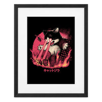 Catzilla, póster con marco negro MDF y paspartú blanco, impresión de 20 × 29 cm.