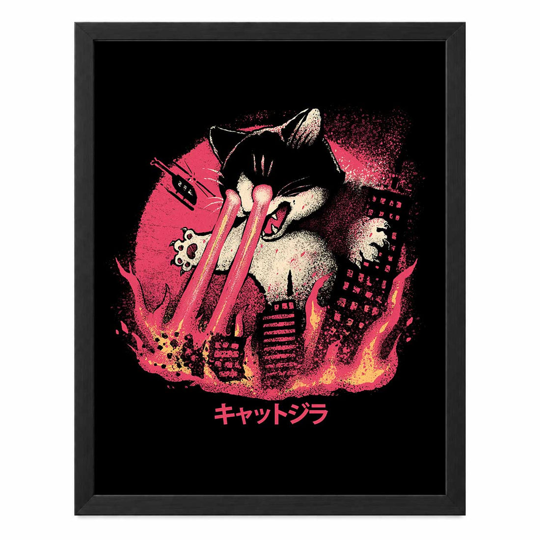 Catzilla, póster con marco negro MDF sin paspartú, impresión de 30 × 40 cm.