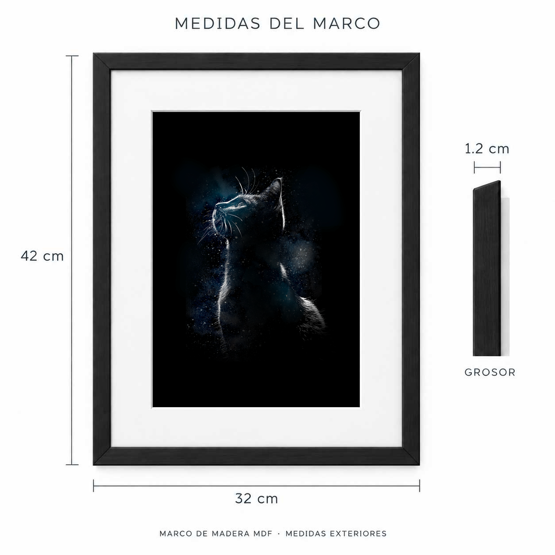 Medidas exteriores del marco Félicette, gatito de las estrellas: 42 cm de alto y 32 cm de ancho, 1.2 cm de grosor.