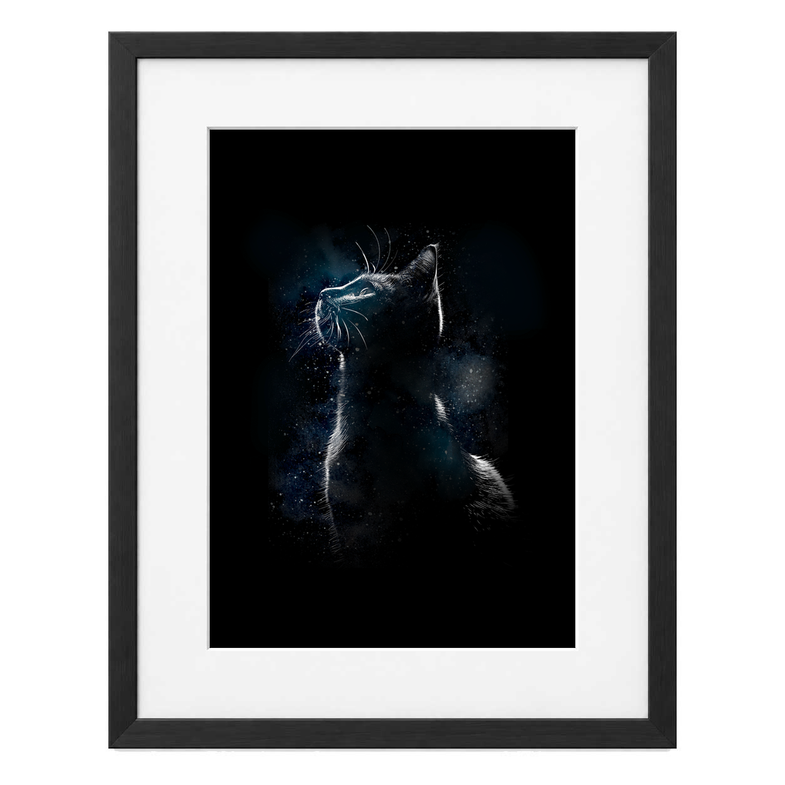 Félicette, gatito de las estrellas con paspartú blanco y marco negro de madera MDF, vista frontal.