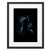 Félicette, gatito de las estrellas con paspartú blanco y marco negro de madera MDF, vista frontal.