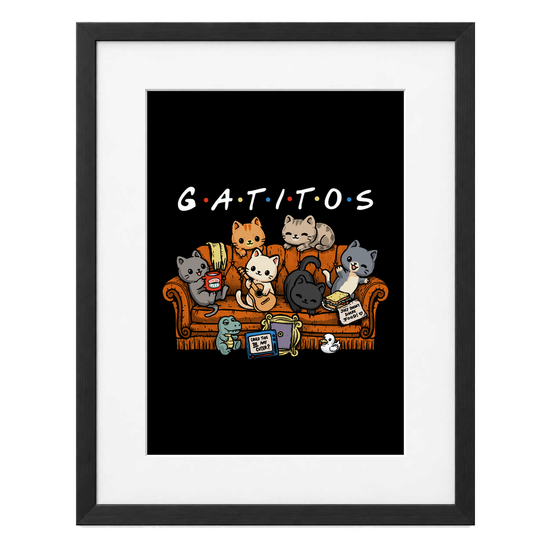 Gatifriends con paspartú blanco y marco negro de madera MDF, vista frontal.