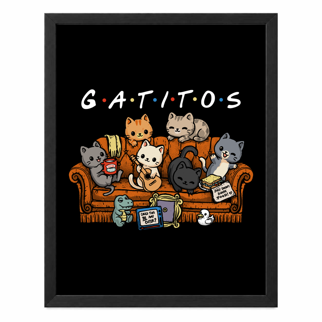 Gatifriends sin paspartú y con marco negro de madera MDF, vista frontal.