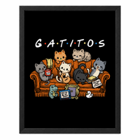 Gatifriends sin paspartú y con marco negro de madera MDF, vista frontal.