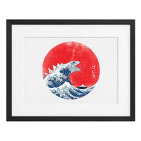 Godzilla Ola, póster horizontal con marco negro MDF y paspartú blanco, impresión de 29 × 20 cm.