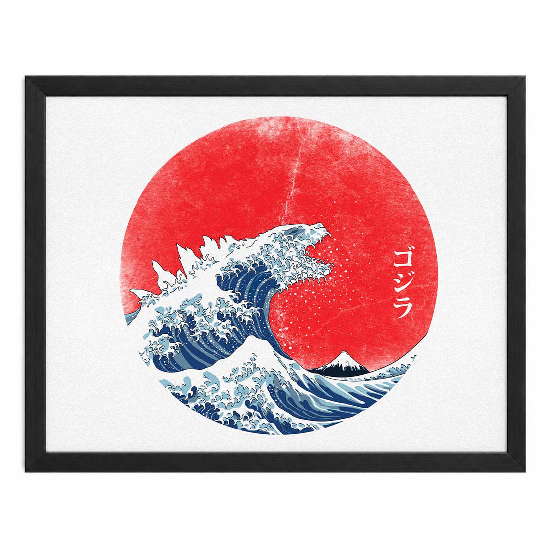 Godzilla Ola, póster horizontal con marco negro MDF sin paspartú, impresión de 40 × 30 cm.