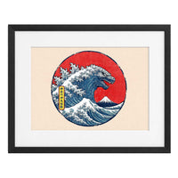 Godzilla 3 con paspartú blanco y marco negro de madera MDF, vista frontal.