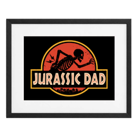 Jurassic Dad con paspartú blanco y marco negro de madera MDF, vista frontal.