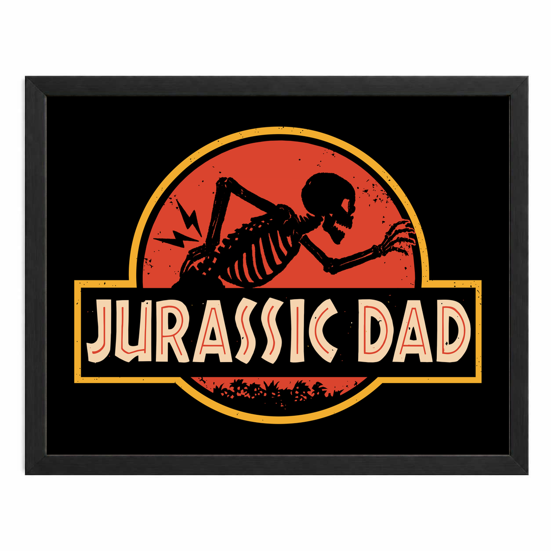 Jurassic Dad sin paspartú y con marco negro de madera MDF, vista frontal.