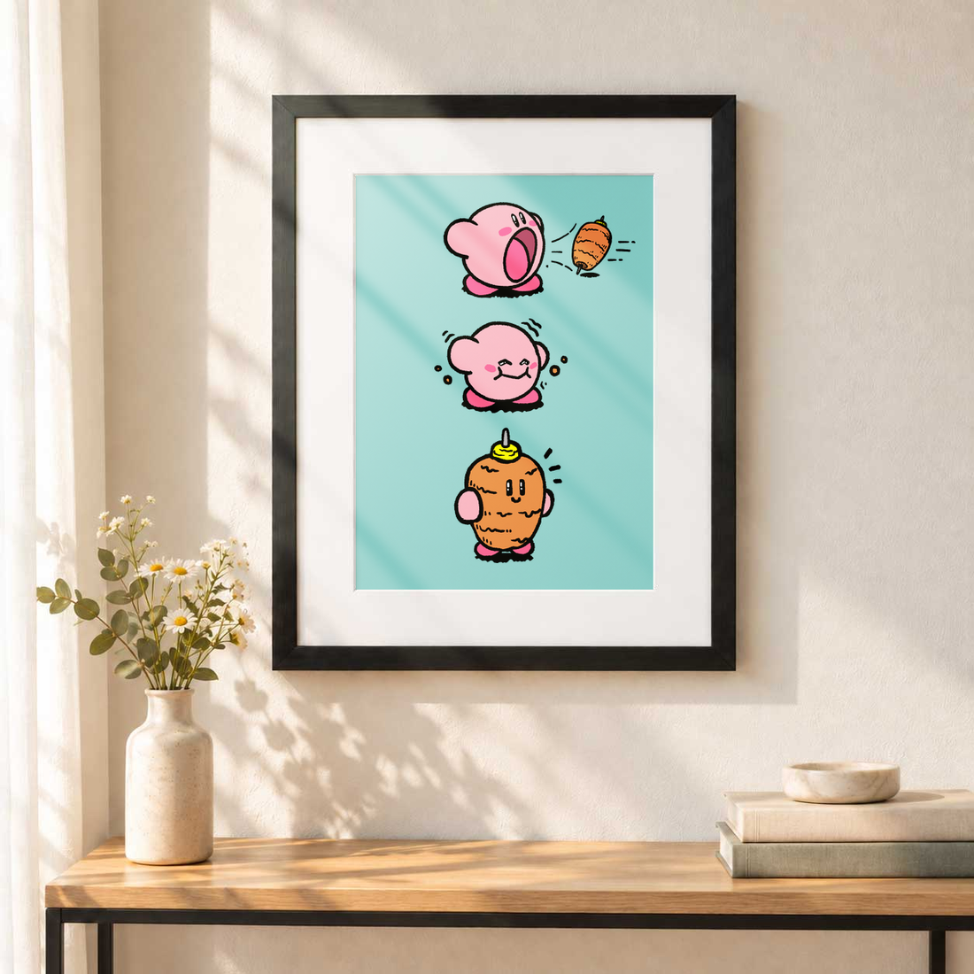 Kirby al Pastor vertical con paspartú blanco, colgado en una pared.