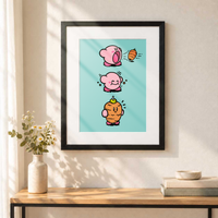 Kirby al Pastor vertical con paspartú blanco, colgado en una pared.