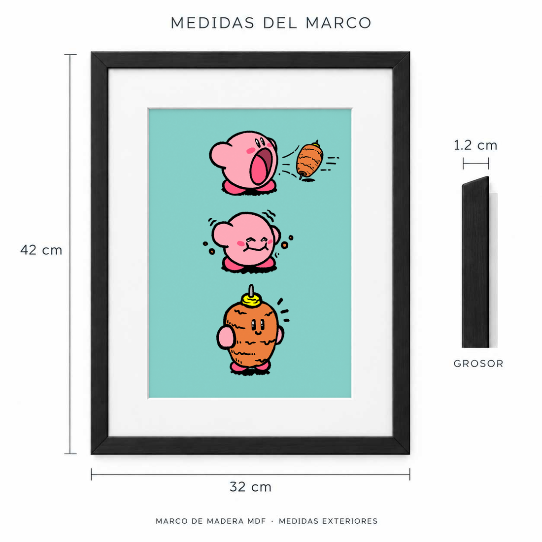 Medidas exteriores del marco Kirby al Pastor: 32 cm de ancho y 42 cm de alto, 1.2 cm de grosor.