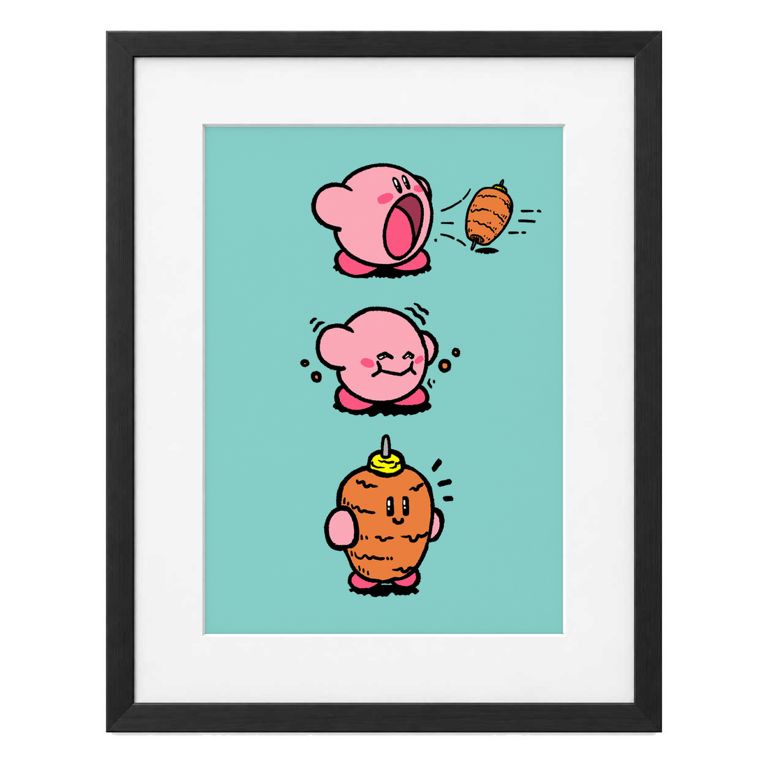 Kirby al Pastor con paspartú blanco y marco negro MDF, vertical, vista frontal.