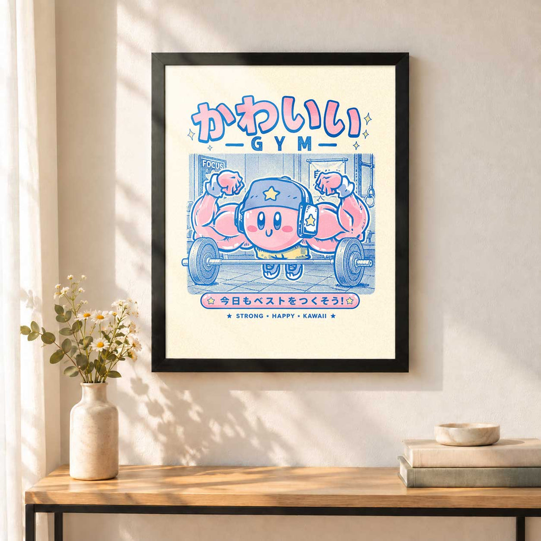 Kirby Gym sin paspartú, colgado en una pared.