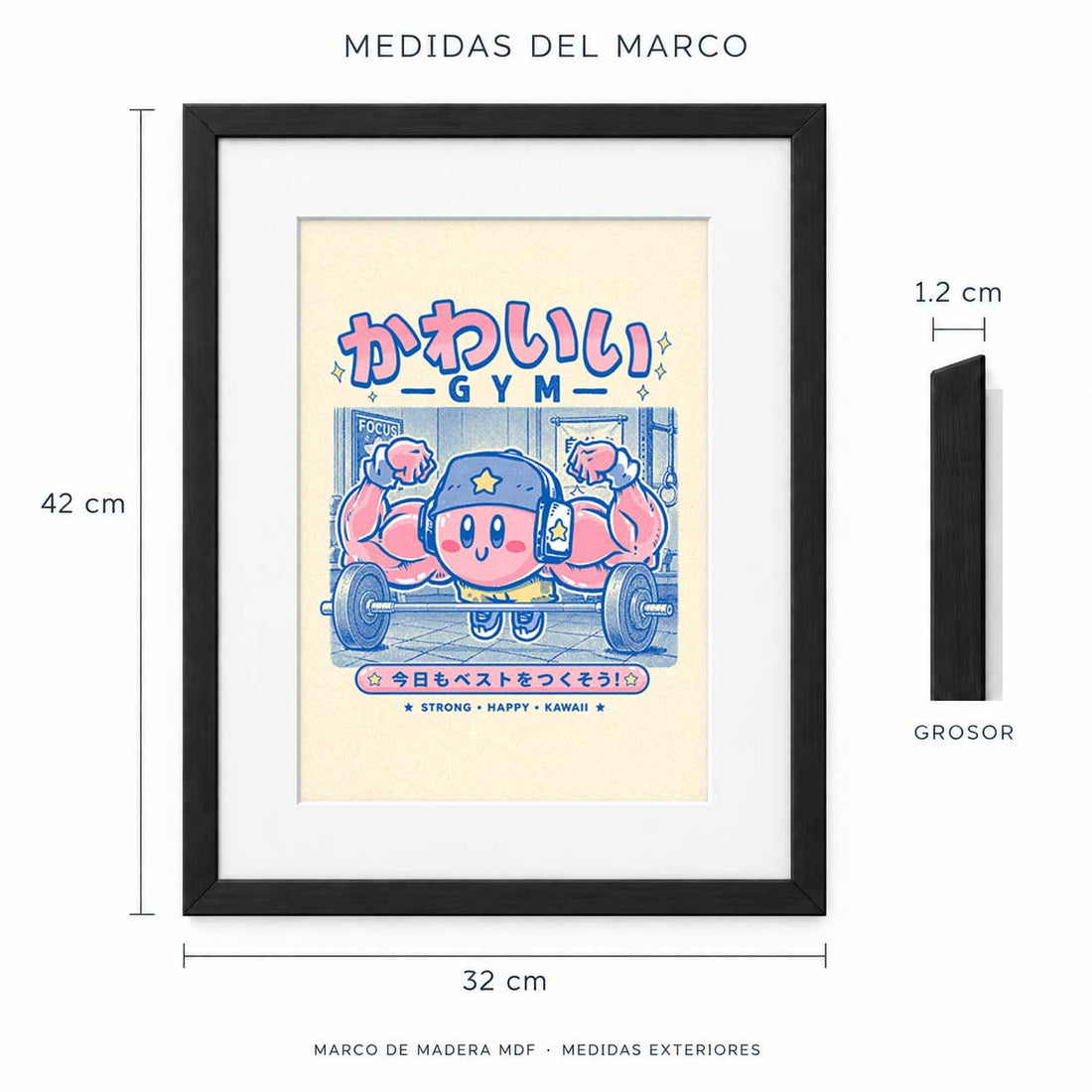 Medidas exteriores del marco MDF: 42 cm de alto, 32 cm de ancho y 1.2 cm de grosor.