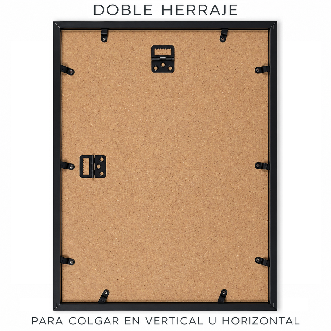Vista trasera del marco MDF con dos herrajes para colgar en vertical u horizontal.