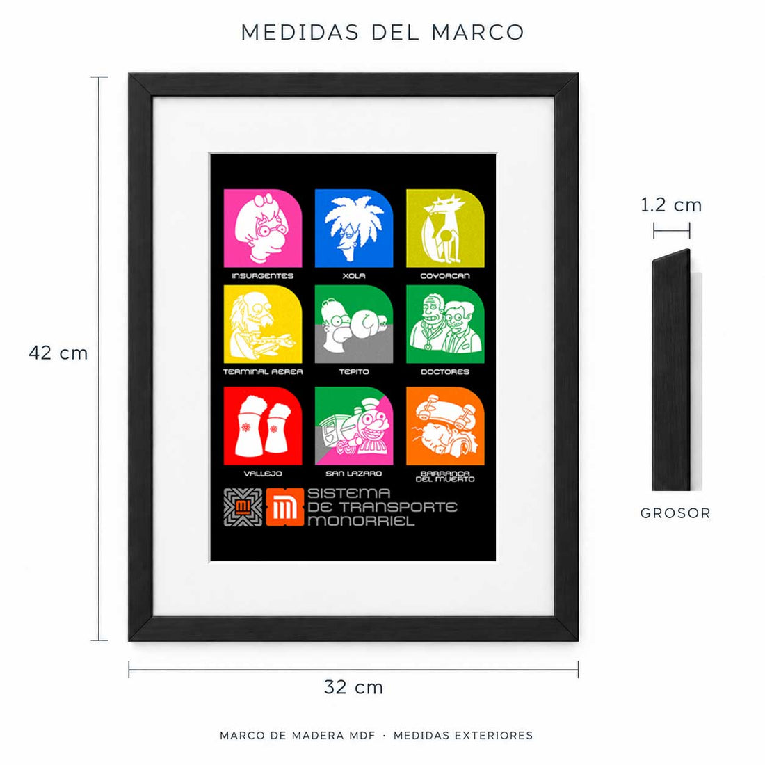 Medidas exteriores del marco Monorriel: 42 cm de alto, 32 cm de ancho y 1.2 cm de grosor.