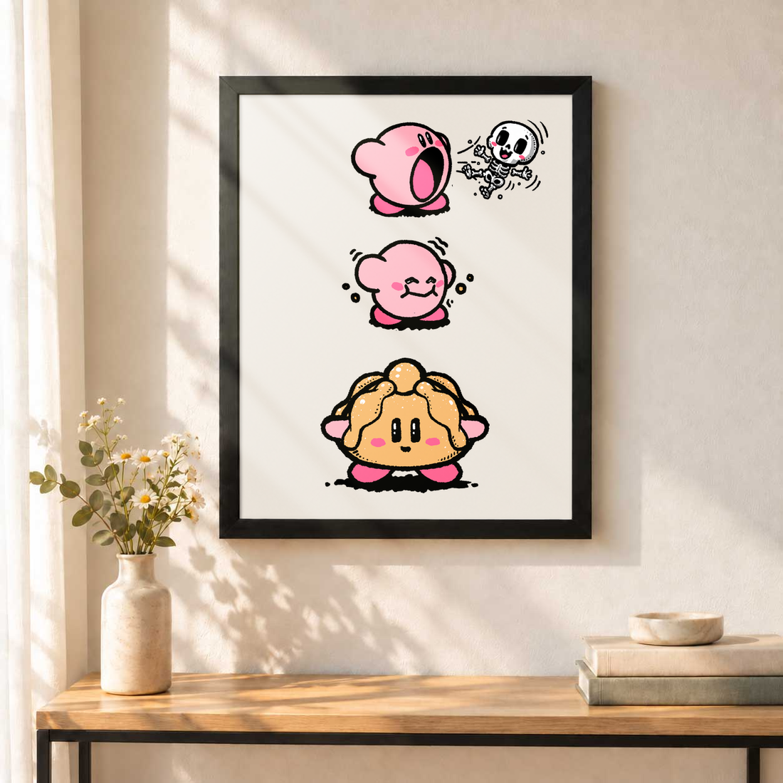 Pan de Muerto Kirby vertical sin paspartú, colgado en una pared.