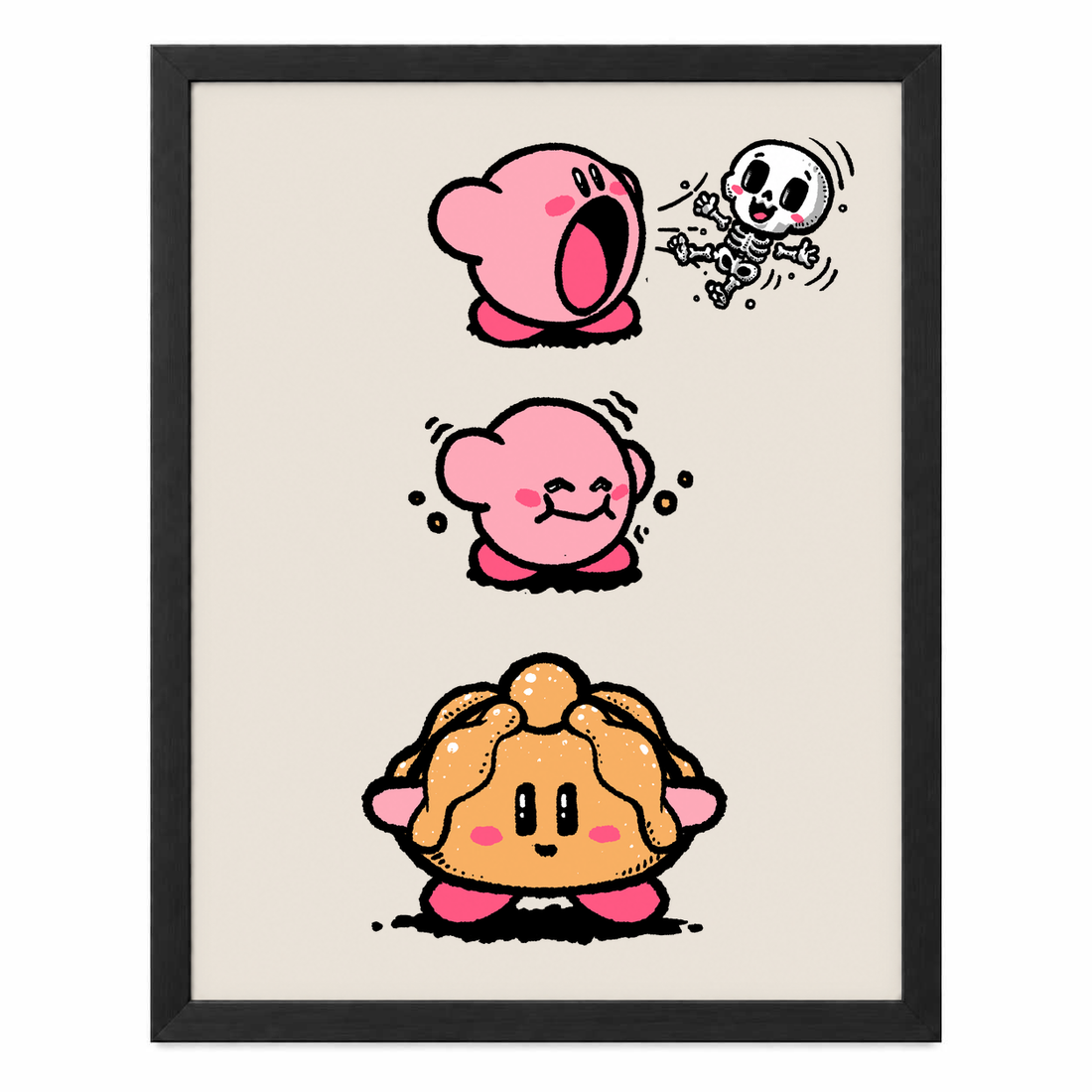 Pan de Muerto Kirby sin paspartú y con marco negro MDF, vertical, vista frontal.