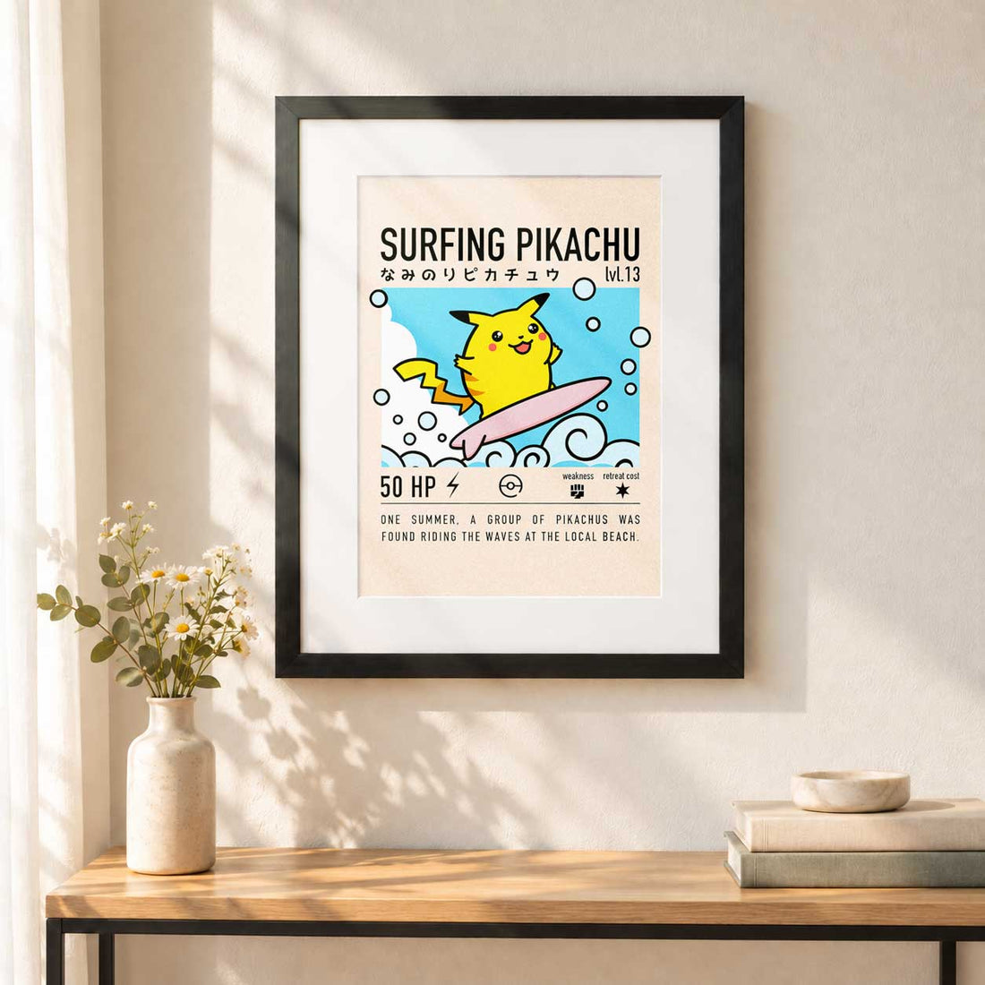 Surfing Pikachu con paspartú blanco, colgado en una pared.