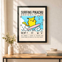 Surfing Pikachu sin paspartú, colgado en una pared.