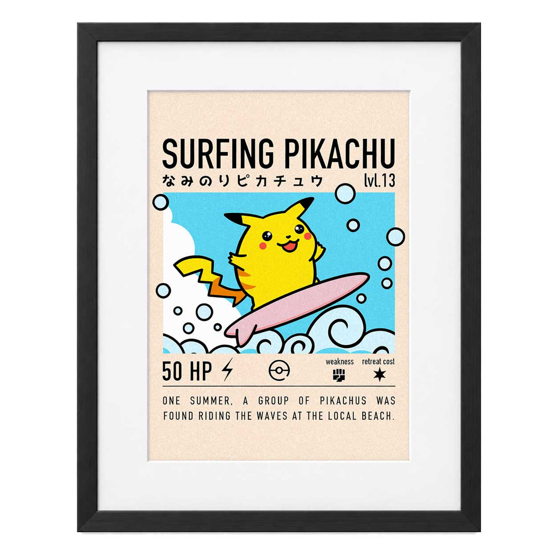 Surfing Pikachu con paspartú blanco y marco negro de madera MDF, vista frontal.