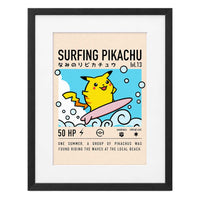Surfing Pikachu con paspartú blanco y marco negro de madera MDF, vista frontal.