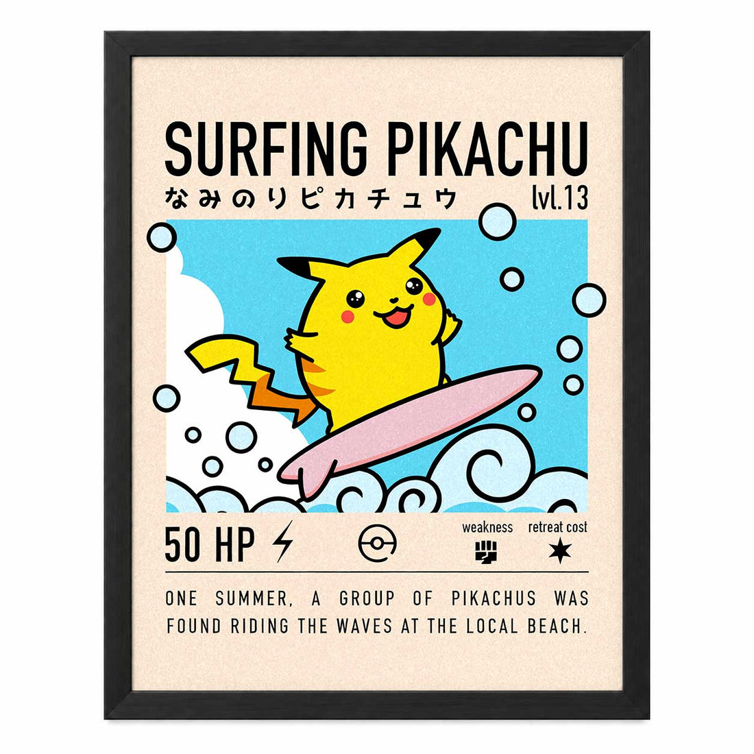 Surfing Pikachu sin paspartú y con marco negro de madera MDF, vista frontal.