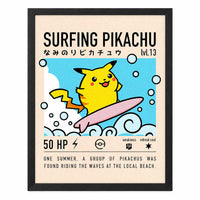 Surfing Pikachu sin paspartú y con marco negro de madera MDF, vista frontal.