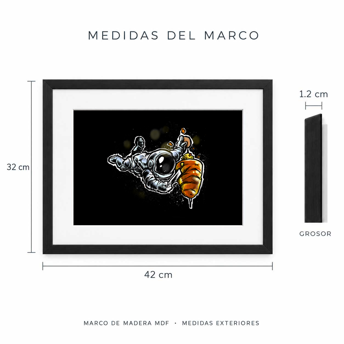Medidas exteriores del marco Taquitos Espaciales: 42 cm de ancho y 32 cm de alto, 1.2 cm de grosor.