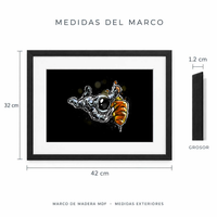 Medidas exteriores del marco Taquitos Espaciales: 42 cm de ancho y 32 cm de alto, 1.2 cm de grosor.