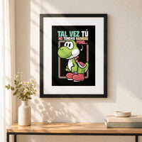 Yoshi con paspartú blanco, colgado en una pared.