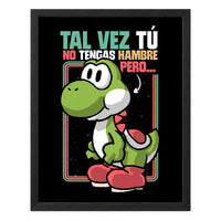 Yoshi sin paspartú y con marco negro de madera MDF, vista frontal.
